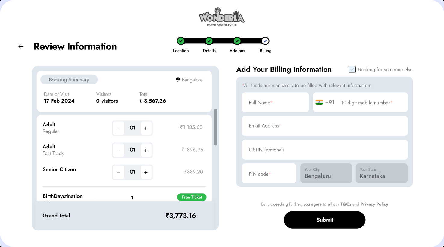 Booking summary screen